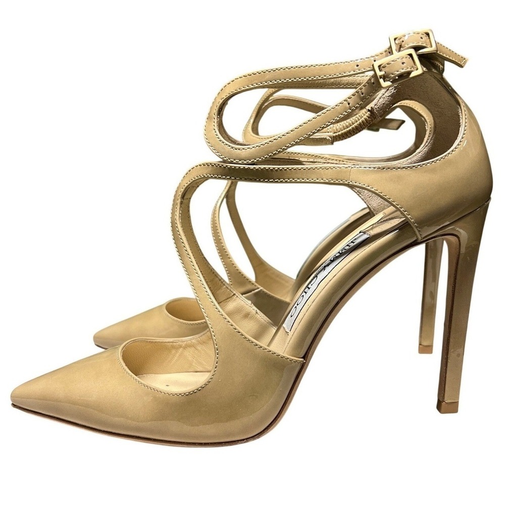 Jimmy Choo Lancer 100 Nude Patent Leather Strappy Pointed Toe Pumps EU Size 37.5